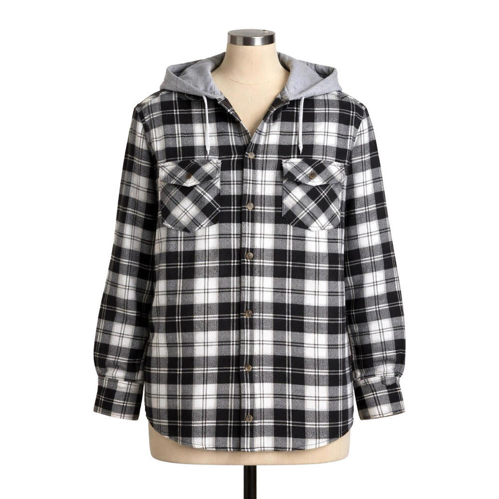 Y2K Style Mountain Expeditions Men’s Flannel Shirt L Black WT Gray Plaid Hooded